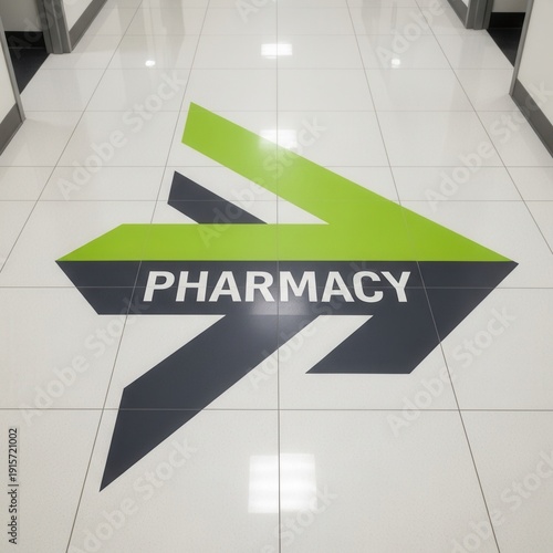 Modern Pharmacy Directional Signage on Pristine White Floor Guiding People to Their Destination