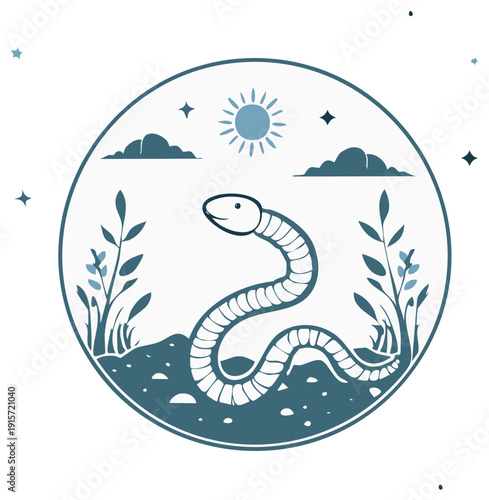Snake basking under sun surrounded by nature in a stylized vector design