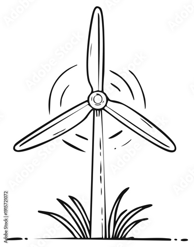 Black and white illustration of a wind turbine generating clean, renewable energy in a field.