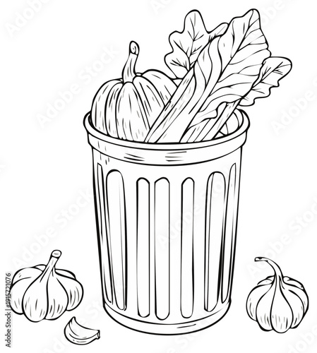Line art illustration of a trash can with pumpkin, leafy greens, and garlic bulbs for food waste or composting