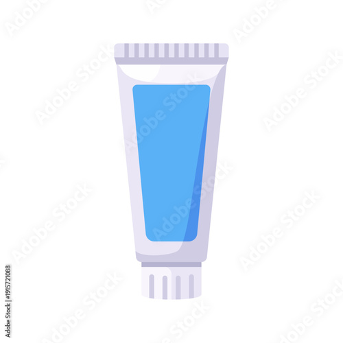 white toothpaste tube, blue label, oral hygiene product, colorful vector flat style illustration