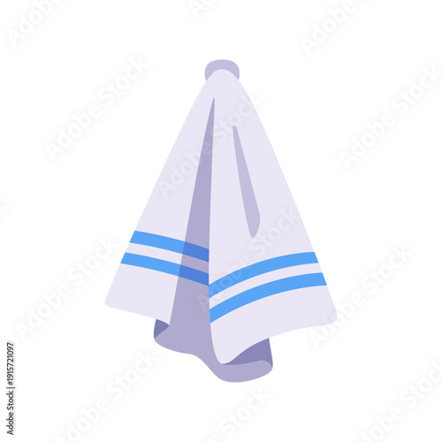 white towel, blue stripes, bathroom hygiene textile, colorful vector flat style illustration