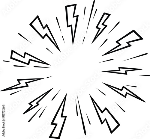 A dynamic and energetic illustration of radiating lightning bolts in a circular pattern Vector