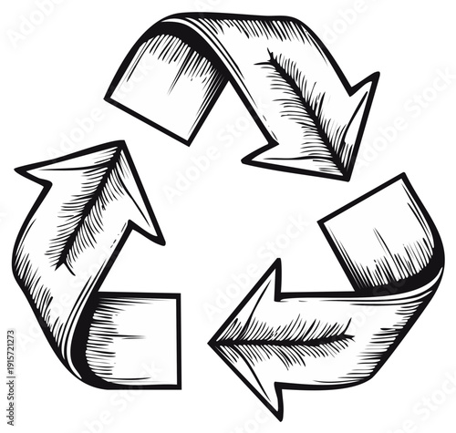 Black and white sketch style recycling symbol with three chasing arrows