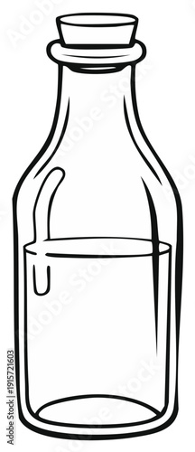 Hand drawn black and white line art of a vintage glass bottle with a cork stopper