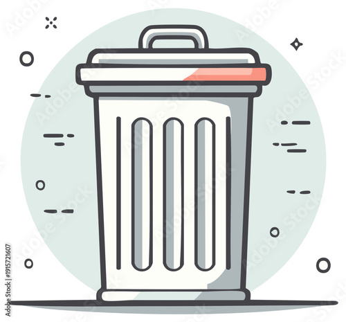 Modern stylized illustration of a white garbage can with a lid and decorative elements