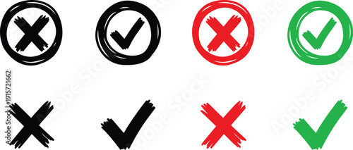 Various symbols representing correct and incorrect actions in different colors and styles Vector
