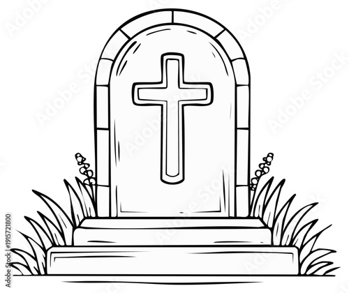 Hand Drawn Gravestone With Christian Cross and Grass Sketch