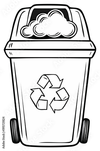 Hand drawn illustration of a wheeled waste bin with recycling symbol and lid showing clouds