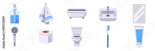 Set of white, blue and gray bathroom icons, bathtub, toilet, sink, shower, towel, colorful collection with vector flat illustrations