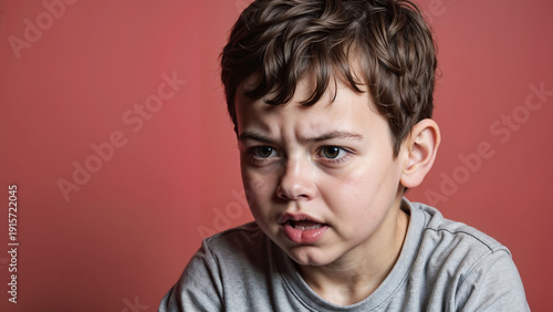 Young boy showing frustration with serious expression indoors  