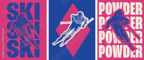 Alpine ski grunge halftone winter sports typography poster set