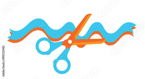 Orange scissors with a blue handle cut a wavy blue and orange ribbon on a crisp white background.