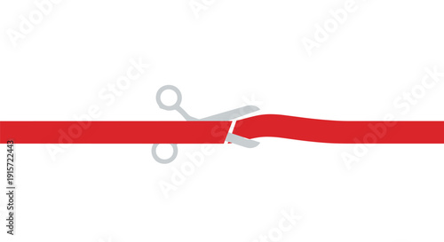 A pair of grey scissors cuts a straight red ribbon in two, symbolizing a grand opening or finish line.