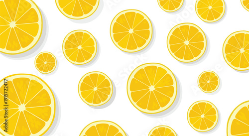 Round orange citrus fruit slices of various sizes are scattered in a vibrant, seamless pattern on a white background.