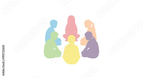 Colorful silhouettes of six diverse individuals sitting on the floor in a circle, representing a group gathering or community meeting.