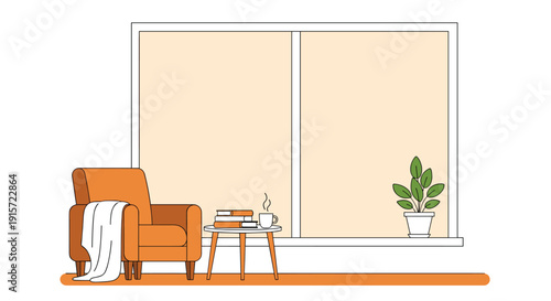 An orange armchair, books, and a cup on a table are next to a wide window with a plant.