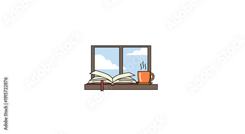 An open book and a steaming cup are positioned on a windowsill under a cloudy sky.
