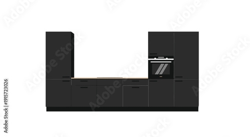 A minimalist black kitchen layout features tall cabinets, base cabinets, and an integrated oven.