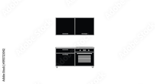 A black kitchen section displays two wall cabinets and a base unit with an integrated oven.