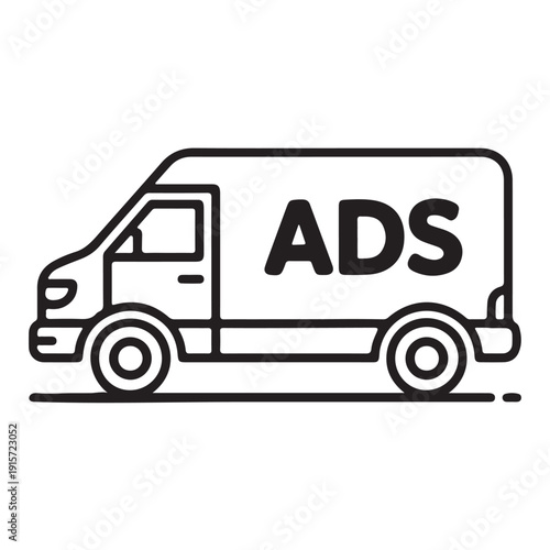 Black line drawing of a delivery truck with ADS on the side  vehicle icon