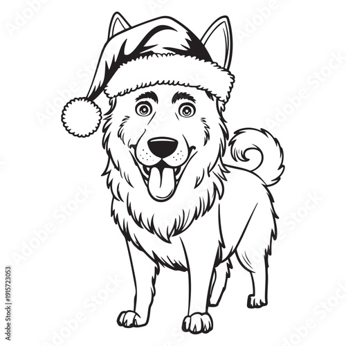 Happy German Shepherd Dog Wearing Santa Hat Christmas Coloring Book Line Art