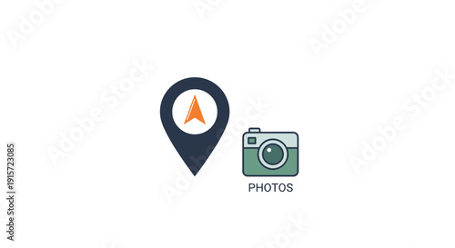 A dark blue location pin with an orange compass arrow points next to a green camera icon labeled 'PHOTOS' on a white background.