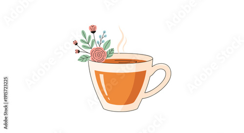 A transparent glass cup filled with steaming tea is adorned with a decorative floral arrangement on its side, against a white background.