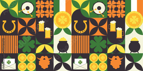 Modern St Patricks Day Seamless Pattern with Irish Icons