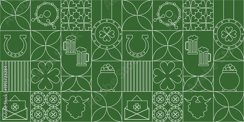 St Patricks Day geometric seamless pattern featuring shamrocks, horseshoes, beer mugs, leprechaun beard, coins, and Irish symbols