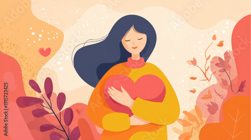 Love yourself, Self care, Woman hugging heart, acceptance and self love. Positive psychology, optimism and mental health. Poster or banner with happy girl. Flat vector illustration