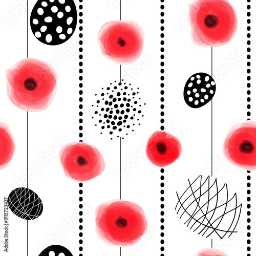 Seamless Vector Pattern with Red Poppies and Black Decorative Elements