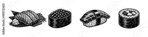 Flat vector illustrations of sushi objects: japanese cuisine, traditional food, minimalist style