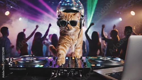 Cool orange cat dj wearing sunglasses spins tracks on professional dj controller at lively dance party with disco ball.