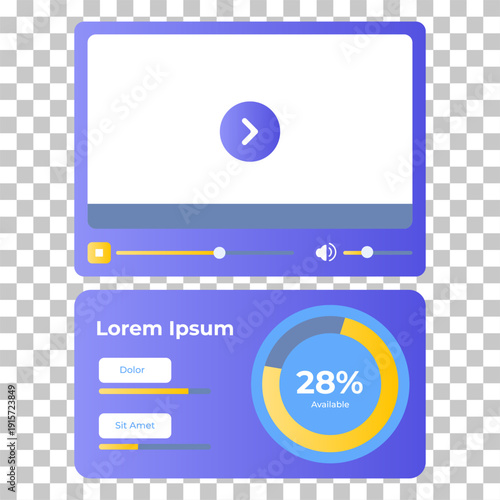 Illustration of a video player interface and a data dashboard with progress indicators and a percentage chart.