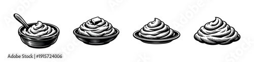 Flat vector illustrations of delicious whipped cream in bowls with decorative patterns