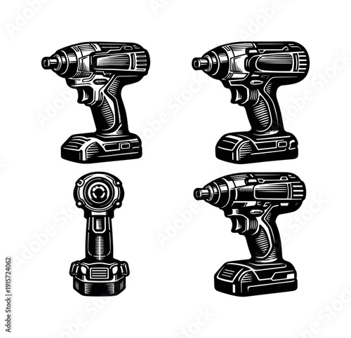 Cordless drill tool set. flat vector illustrations of electric handheld tools and power equipment