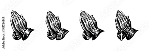 Praying hands designs. flat vector illustrations of folded, clasped, and rosary hands graphics