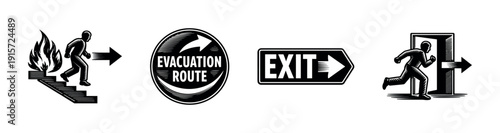 Emergency signs collection. flat vector illustrations of evacuation and exit symbols