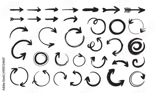 Collection of handdrawn arrows and circular arrows in various styles and directions