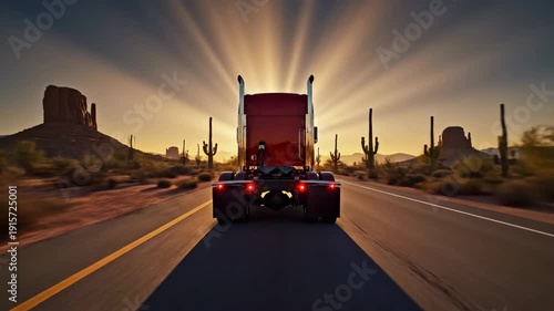 Red semi truck driving down desert highway at sunset with vibrant colors and scenic landscape background views