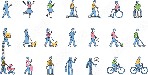 people character icon set featuring men and women walking riding scooters cycling using wheelchairs and walking dogs in flat line style.