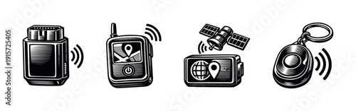 Gps device set. flat vector illustrations with satellite and tracking technology symbols.