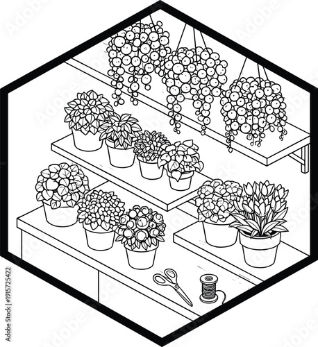 Hand drawn vector art of a flower shop interior featuring shelves of house plants botanical greenery and garden accessories in minimalist line style.