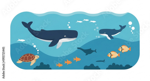 Whales turtle and fish swim together in ocean waves marine life scene with sea creatures