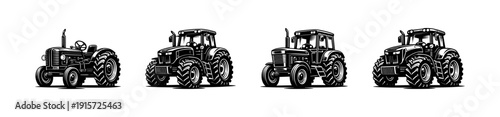 Tractor icon set. farming machinery collection. flat vector illustrations of agricultural vehicles