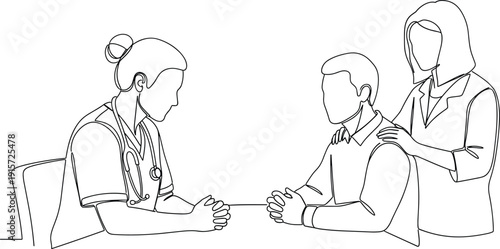 Continuous one line drawing of doctor consulting with patient and spouse in hospital office providing medical results with empathy and professional care.