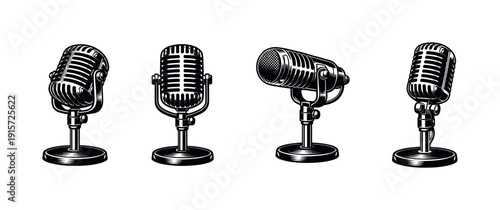 Vintage microphone collection. flat vector illustrations of classic audio equipment
