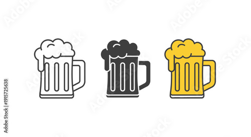 Three mugs show different filled states of foamy beer.