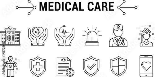 Comprehensive healthcare and medical services vector icons including clinical professional first aid protection elements and mobile health apps for web and print design.